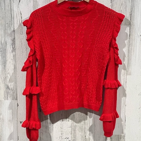 EXPRESS Red Cold Shoulder Ruffle Sleeve Sweater Size XS - Picture 1 of 4